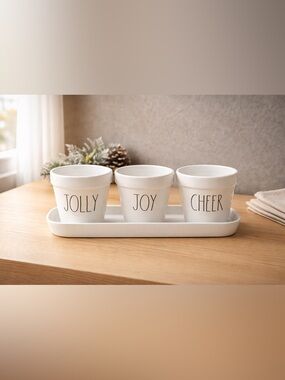 Rae Dunn Holidays Jolly, Joy & Cheer Flower Pots & Tray Gift Set 4 Pieces